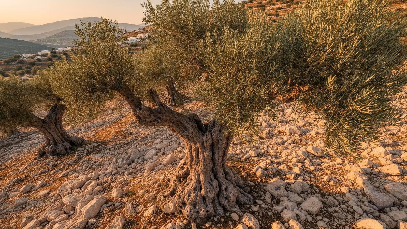 Ancient olive groves on a Greek hillside at golden hour